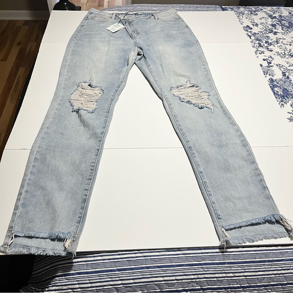 By Egreis Archie Jean Women Large Blue Denim Wide Leg High Waist Crisscross NEW - Picture 2 of 15